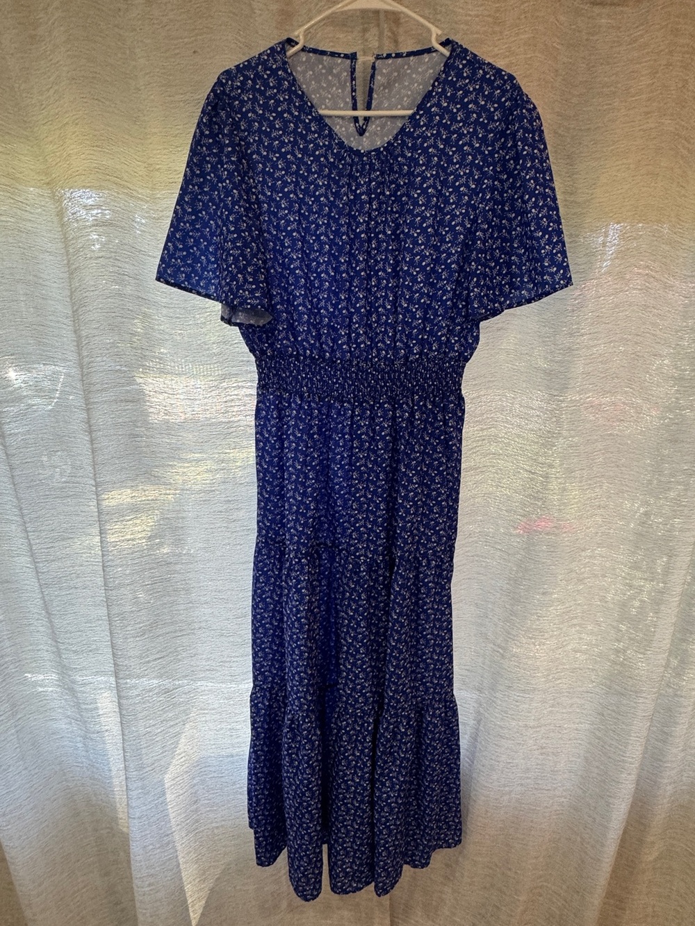 SHEIN Navy Blue Floral Maxi Dress with Smocked Waist
